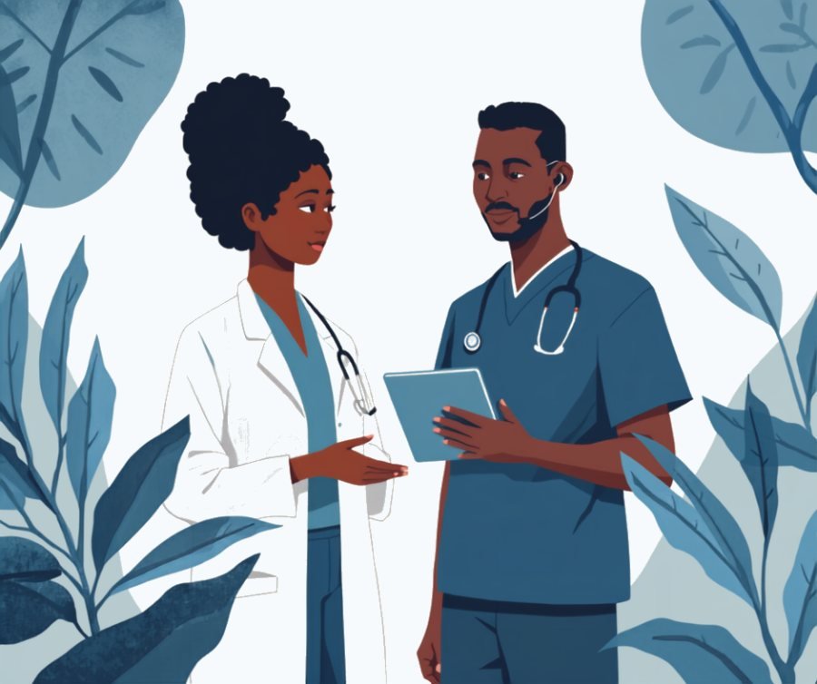 A Ghanaian doctor and nurse reviewing a consult together